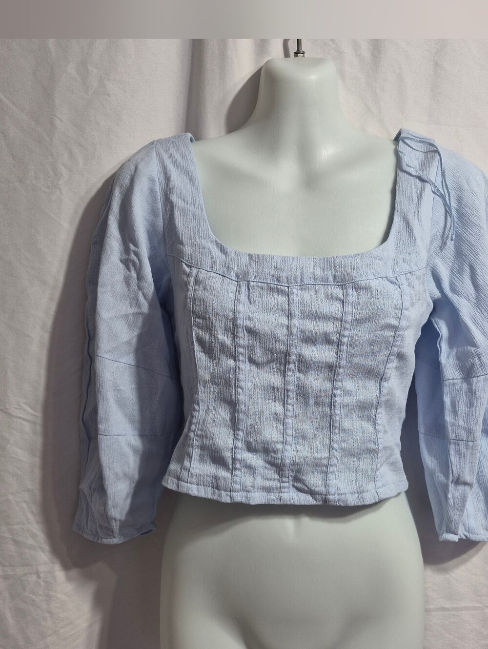 Light Blue Square Neck Puff Sleeve Women's Top, Size XS